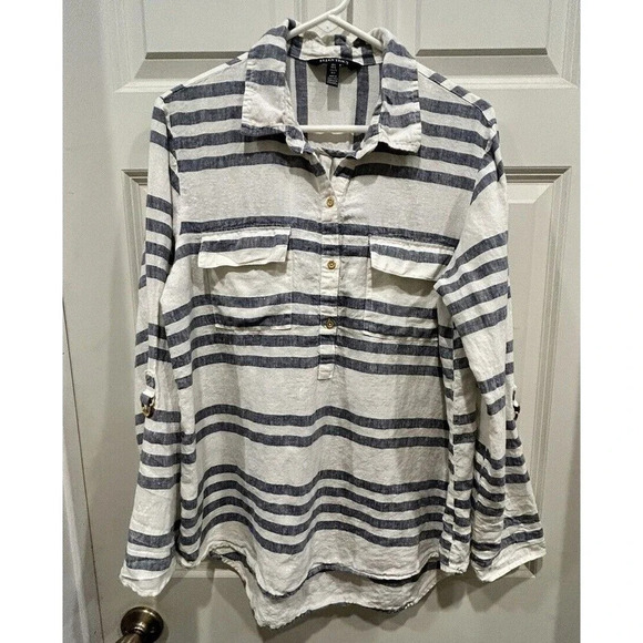 Ellen Tracy Button Popover Blouse Womens  100% Linen Blue White‎ Striped Large - Picture 1 of 7